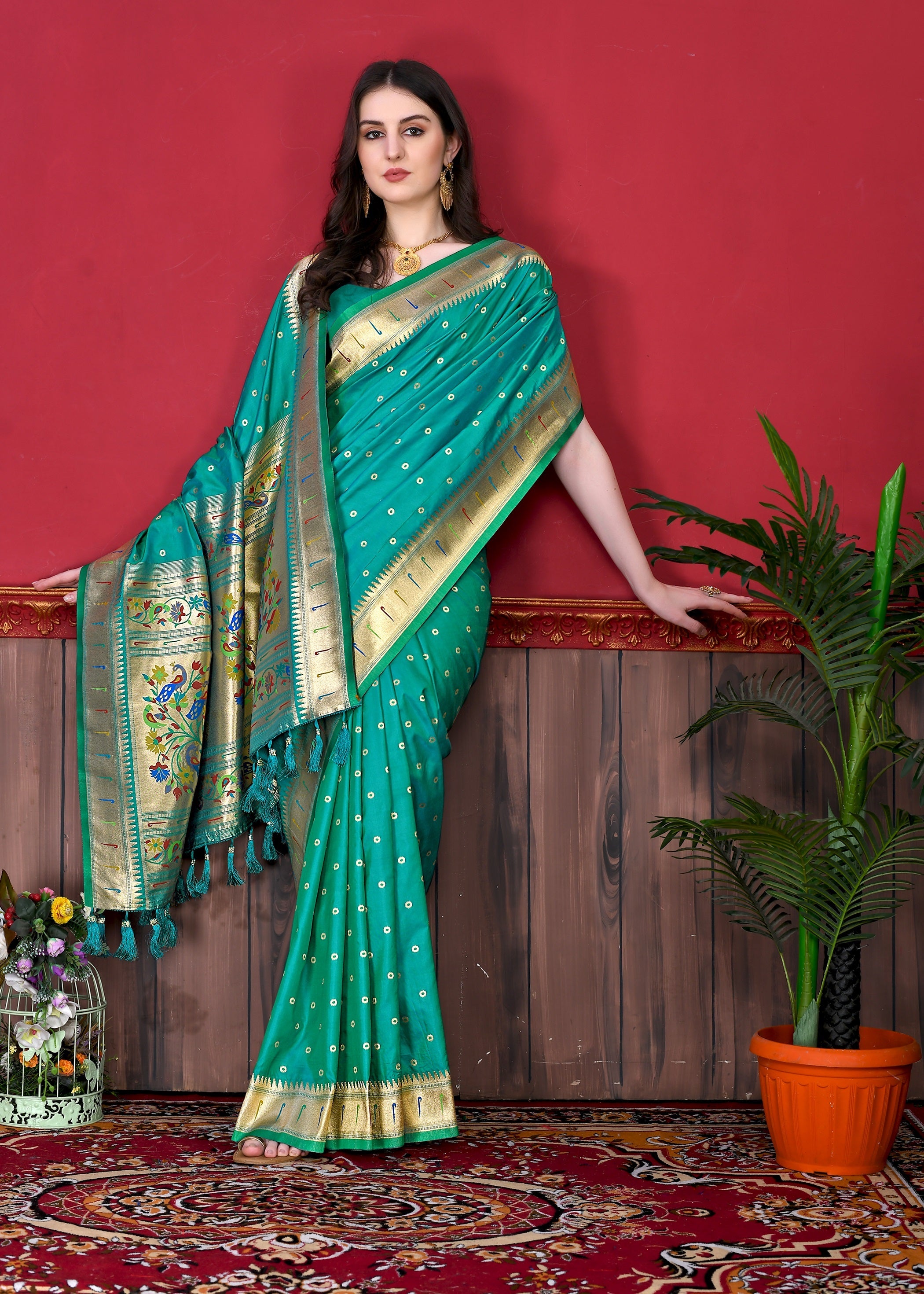 Vedant Vastram Soft Litchi Silk Paithani Silk Saree - Seegreen - Distacart