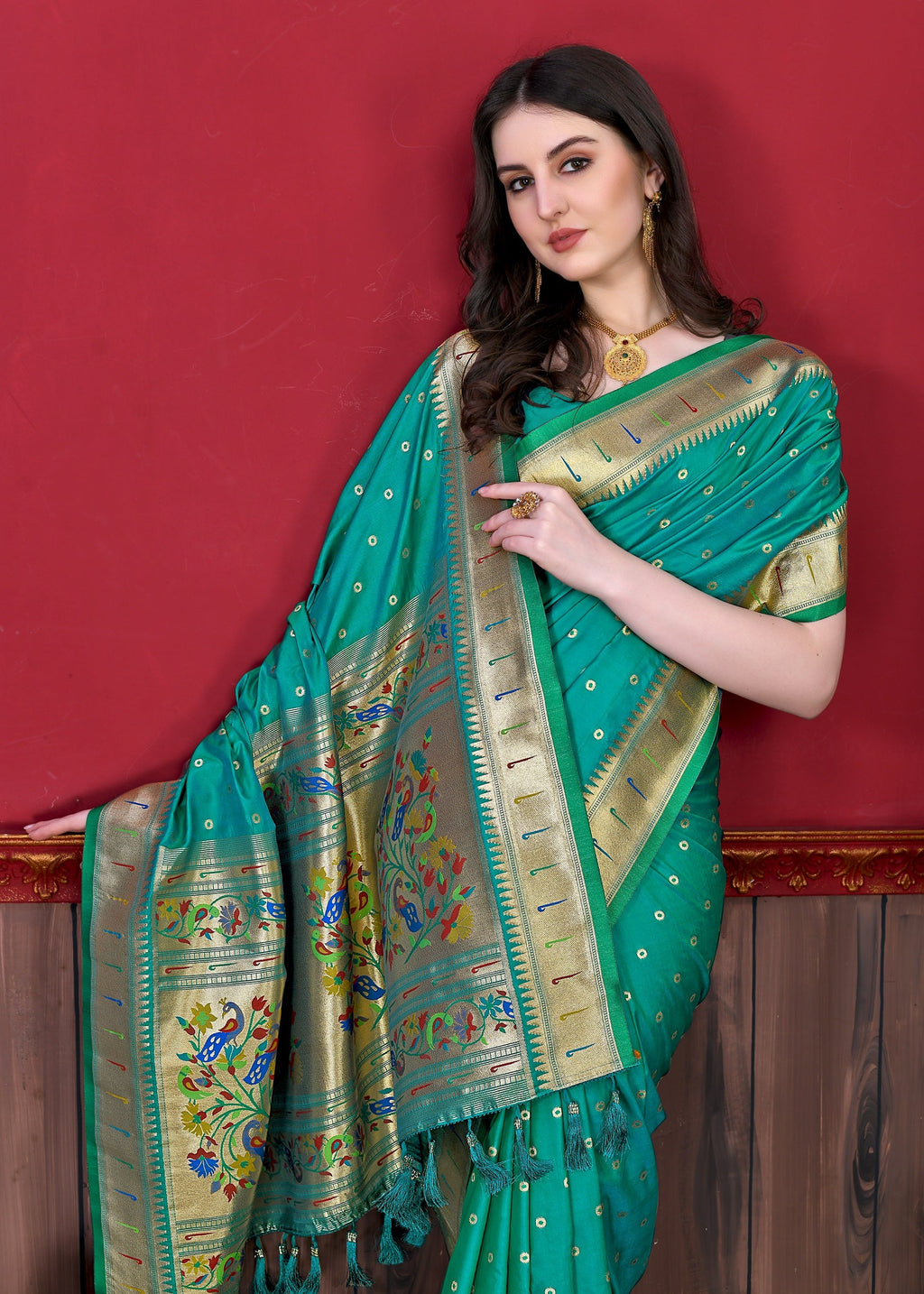 Vedant Vastram Soft Litchi Silk Paithani Silk Saree - Seegreen - Distacart