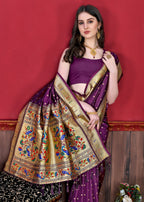 Vedant Vastram Soft Litchi Silk Paithani Silk Saree - Wine - Distacart