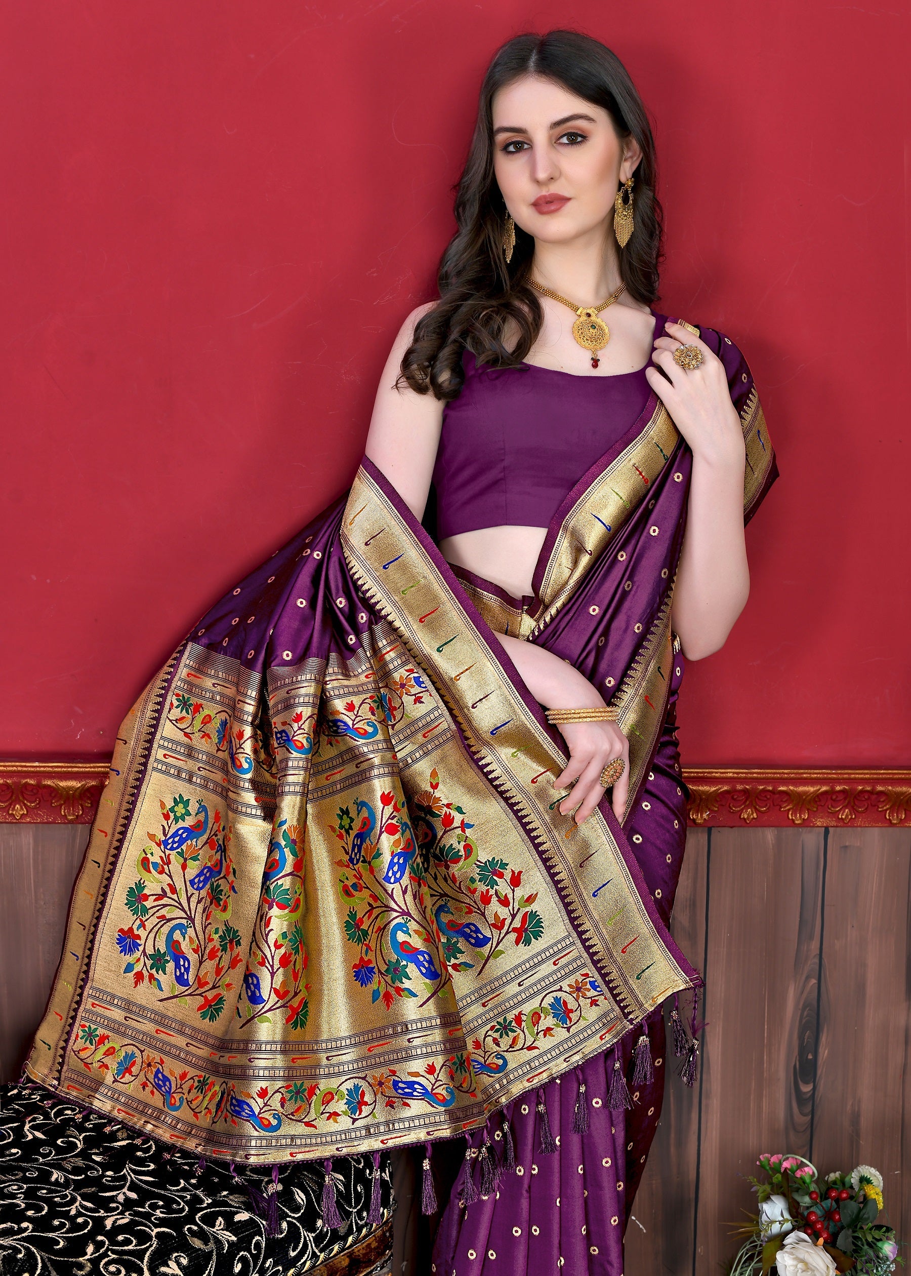 Vedant Vastram Soft Litchi Silk Paithani Silk Saree - Wine - Distacart