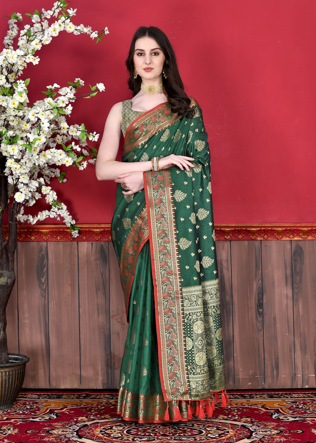 Vedant Vastram Soft Litchi Silk Kanjeevaram Saree - Bottle Green