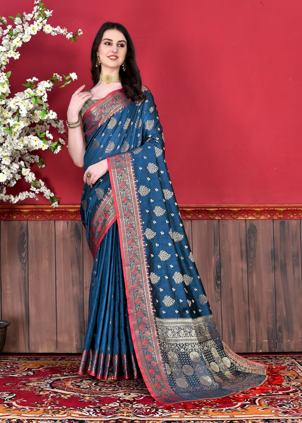 Vedant Vastram Soft Litchi Silk Kanjeevaram Saree - Navy