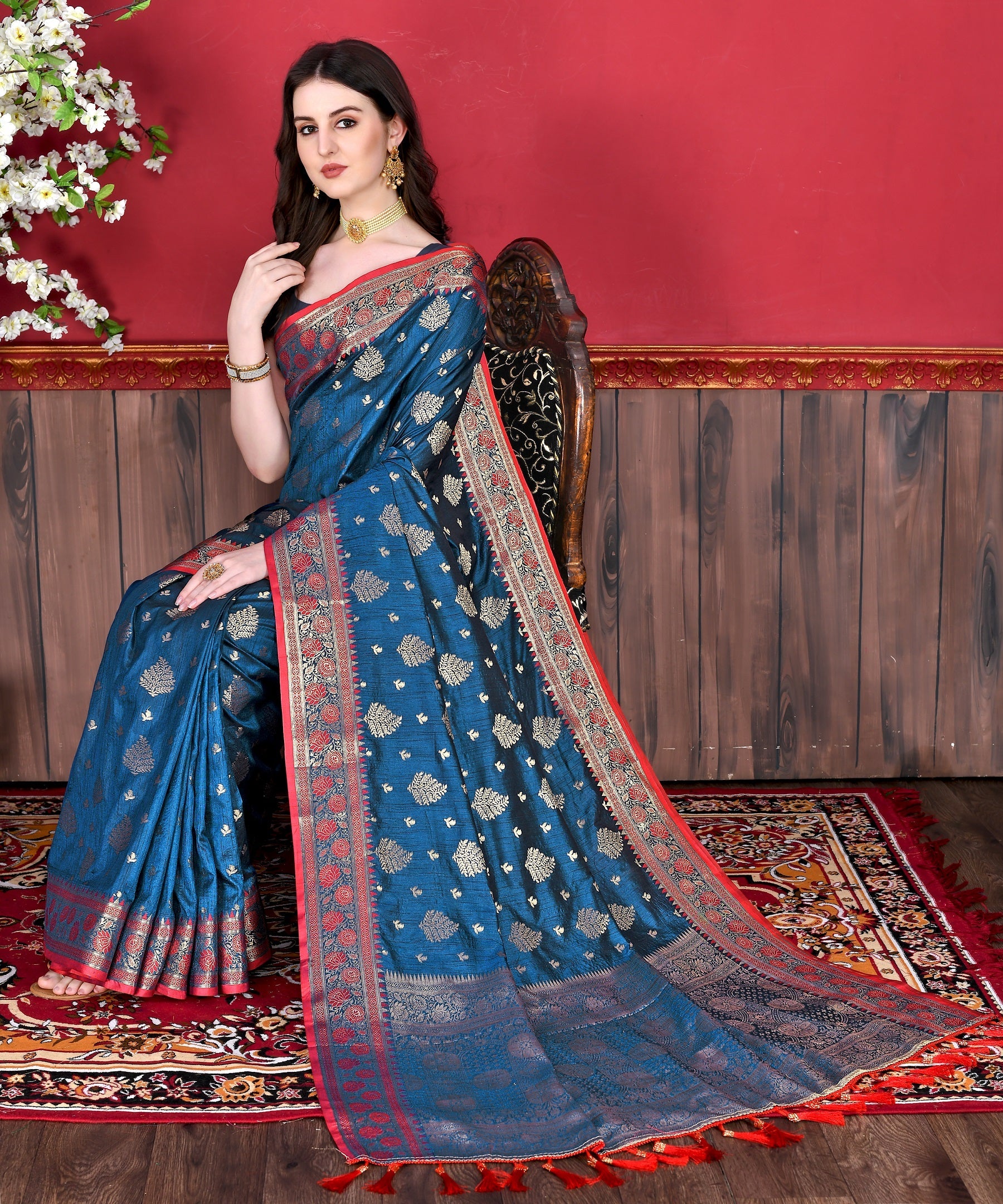 Vedant Vastram Soft Litchi Silk Kanjeevaram Saree - Navy