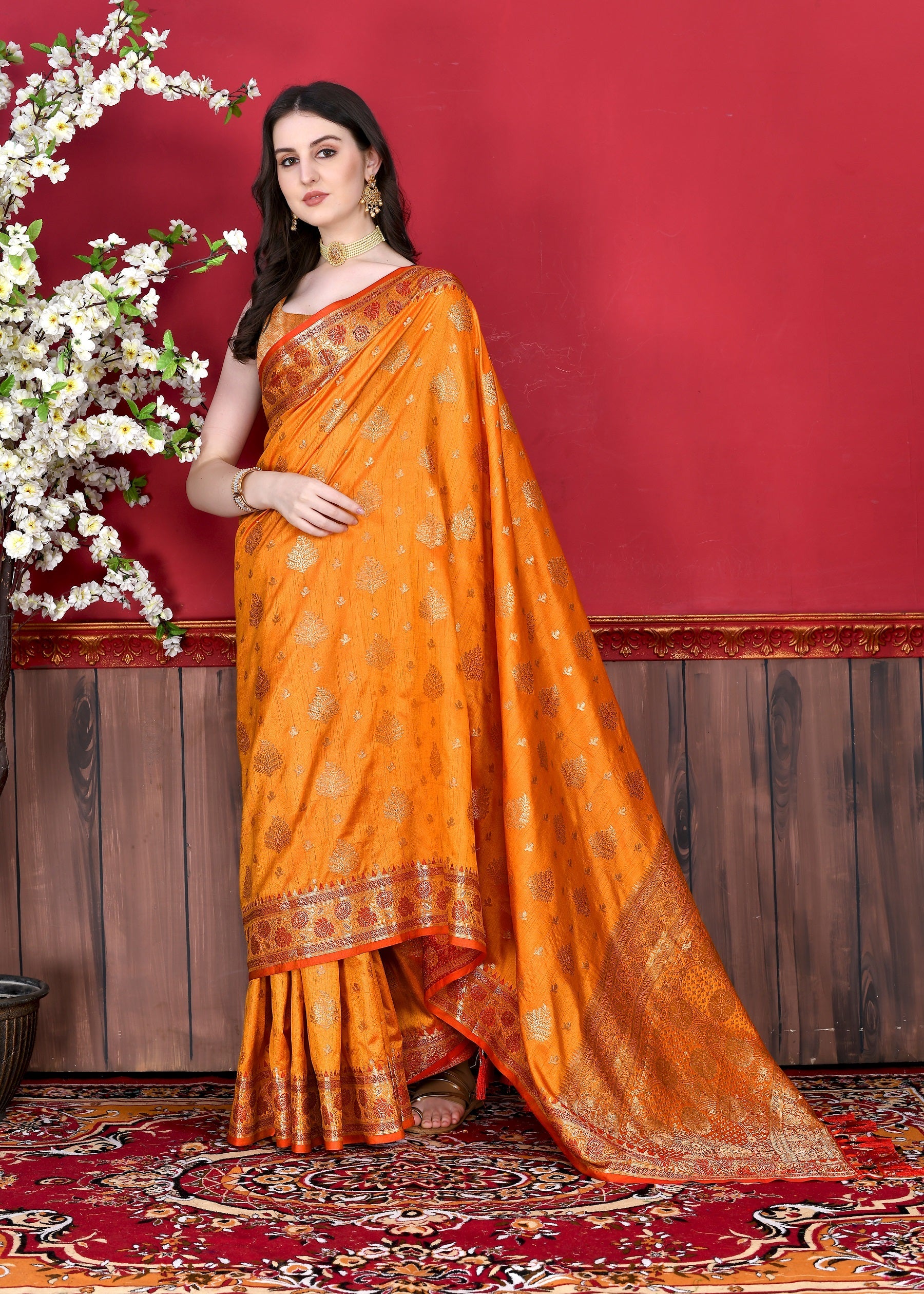 Vedant Vastram Soft Litchi Silk Kanjeevaram Saree - Orange