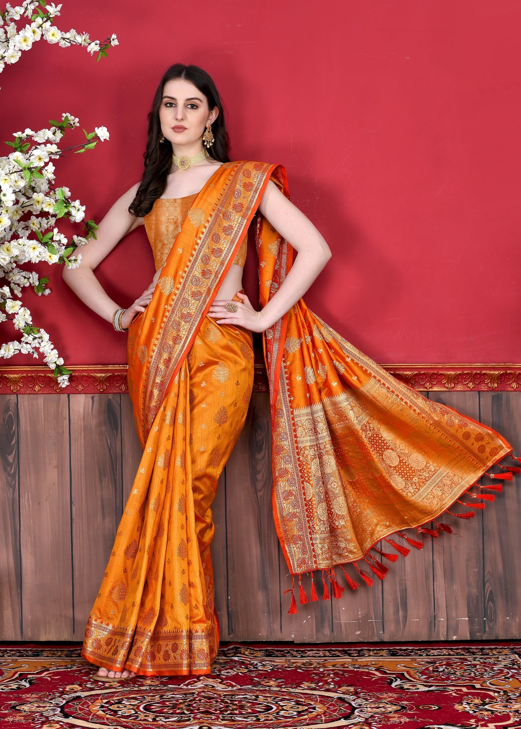 Vedant Vastram Soft Litchi Silk Kanjeevaram Saree - Orange