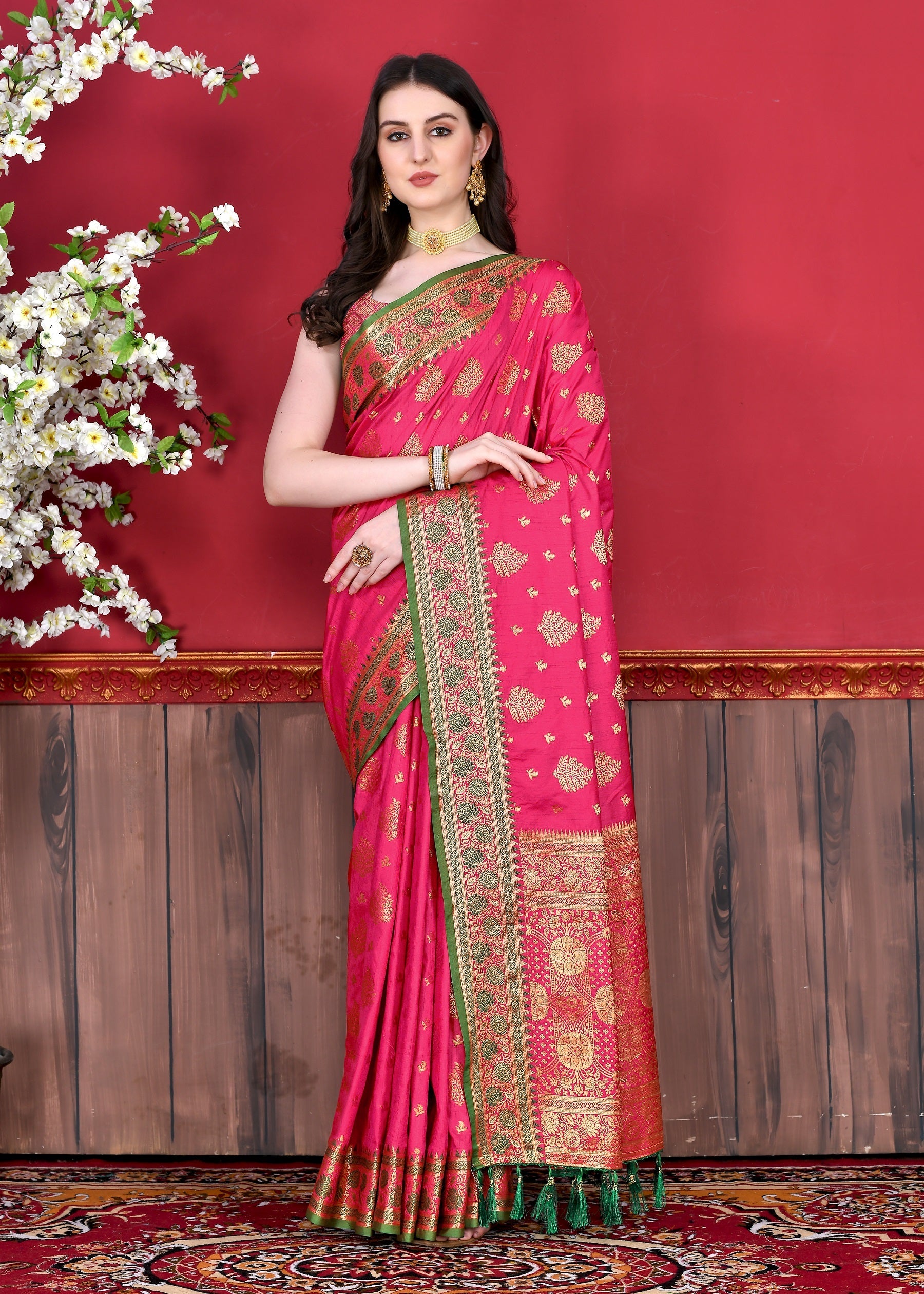 Vedant Vastram Soft Litchi Silk Kanjeevaram Saree - Pink