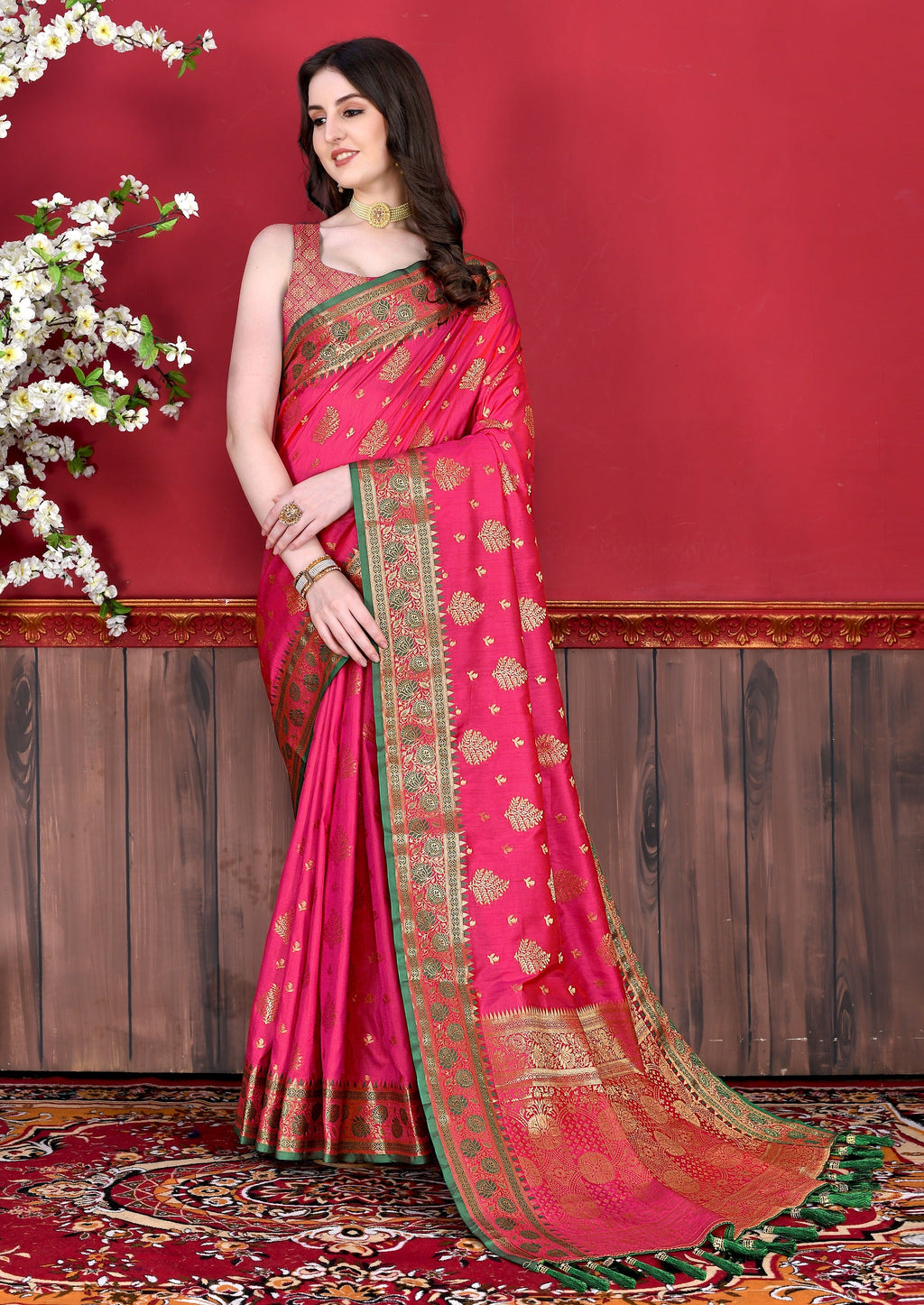 Vedant Vastram Soft Litchi Silk Kanjeevaram Saree - Pink