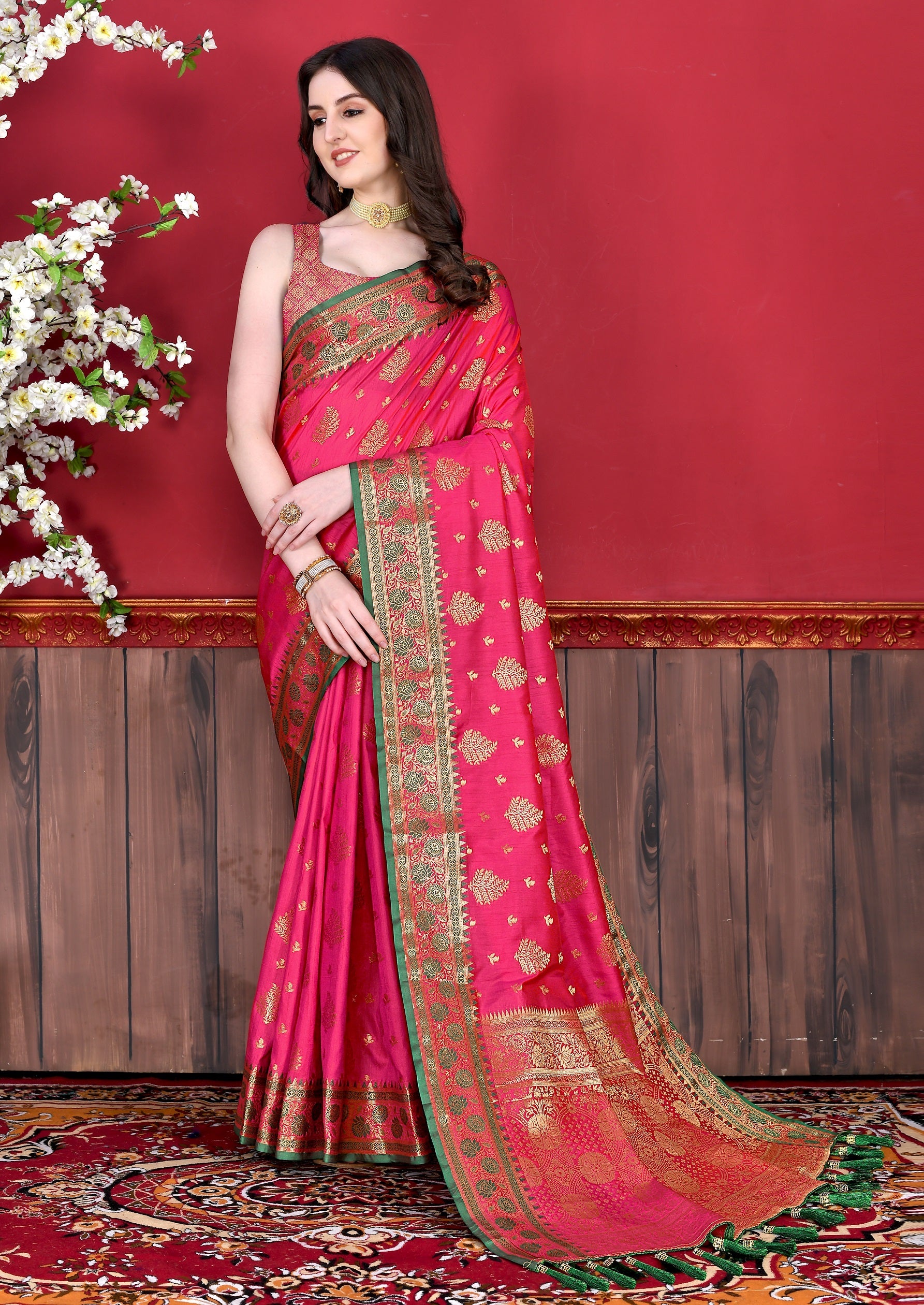 Vedant Vastram Soft Litchi Silk Kanjeevaram Saree - Pink