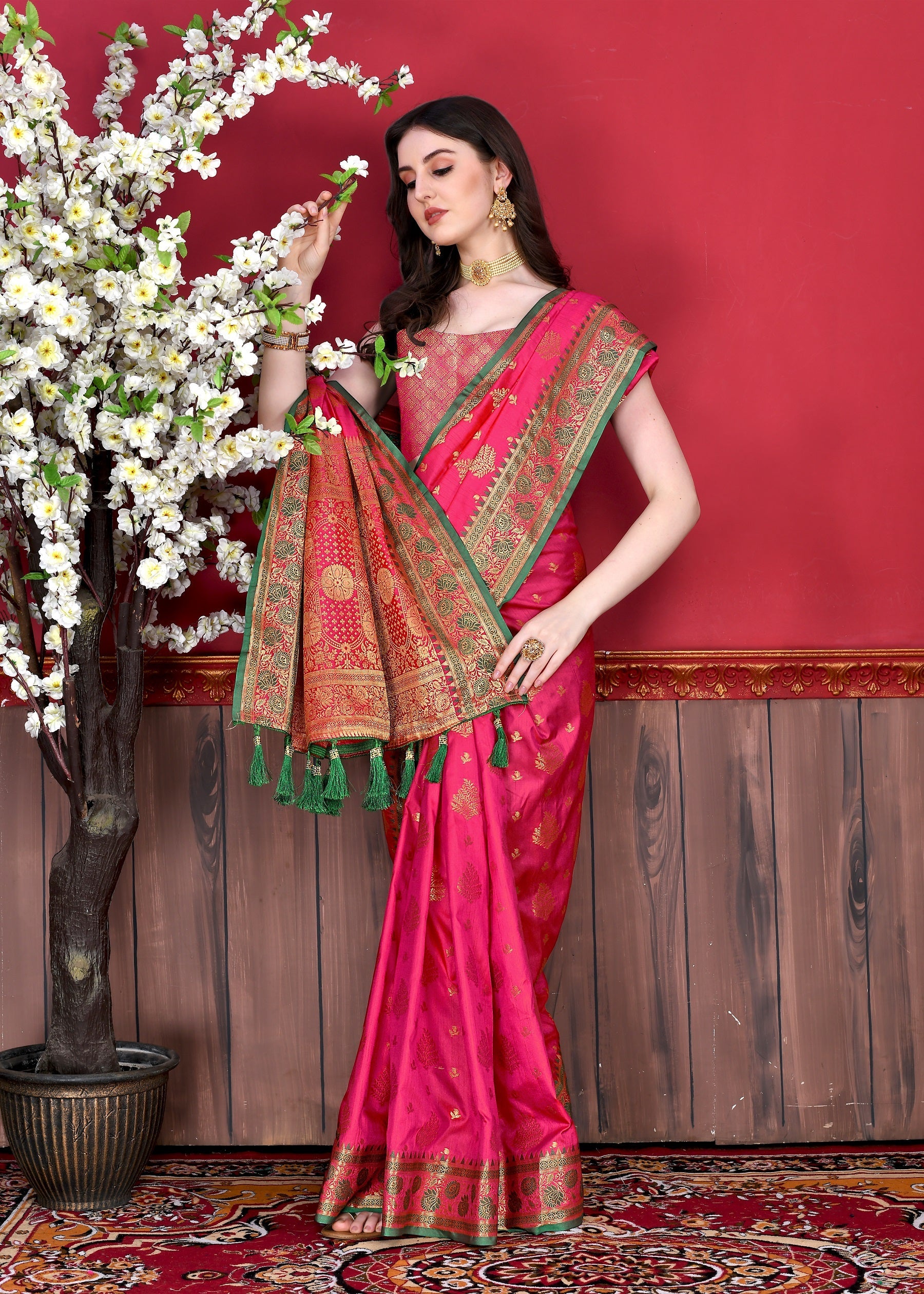 Vedant Vastram Soft Litchi Silk Kanjeevaram Saree - Pink