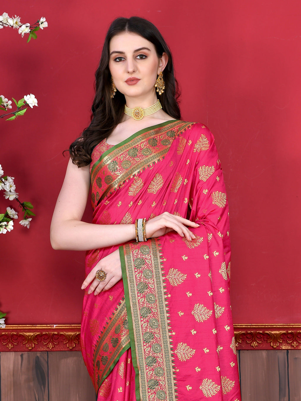 Vedant Vastram Soft Litchi Silk Kanjeevaram Saree - Pink