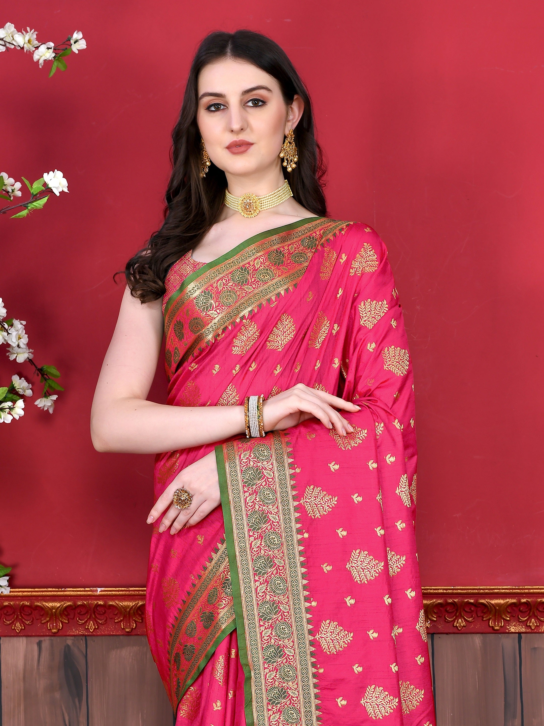 Vedant Vastram Soft Litchi Silk Kanjeevaram Saree - Pink
