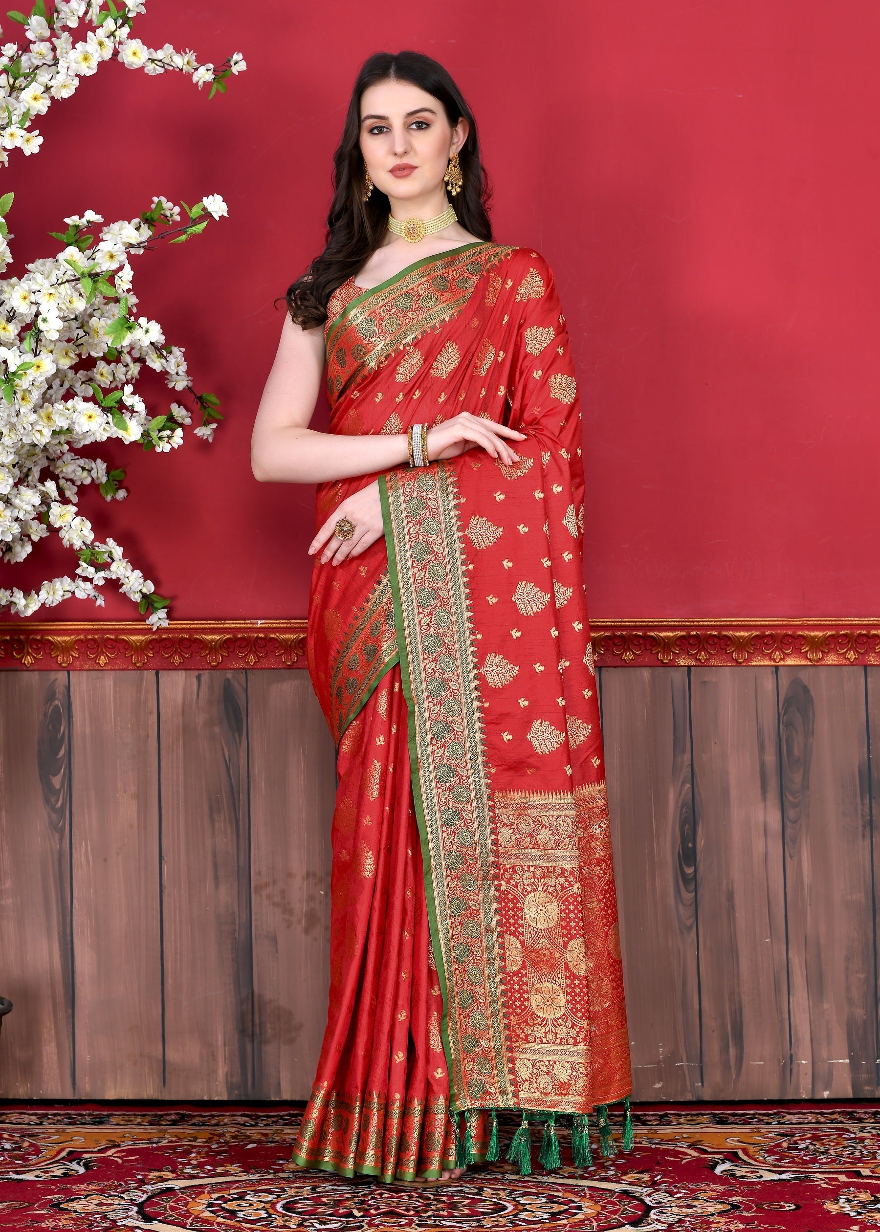 Vedant Vastram Soft Litchi Silk Kanjeevaram Saree - Red