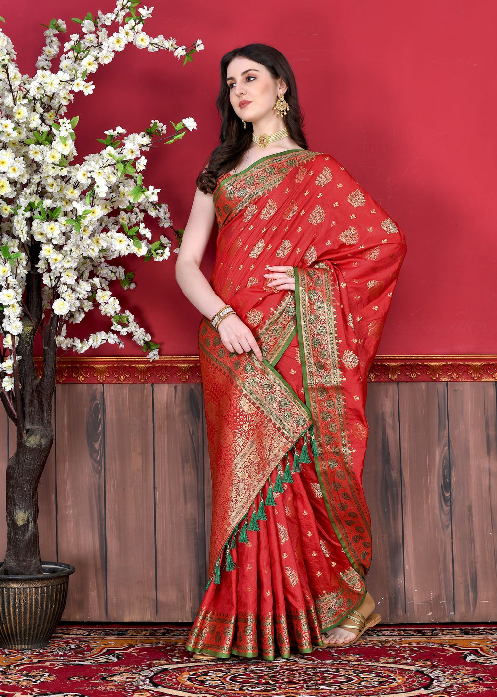 Vedant Vastram Soft Litchi Silk Kanjeevaram Saree - Red