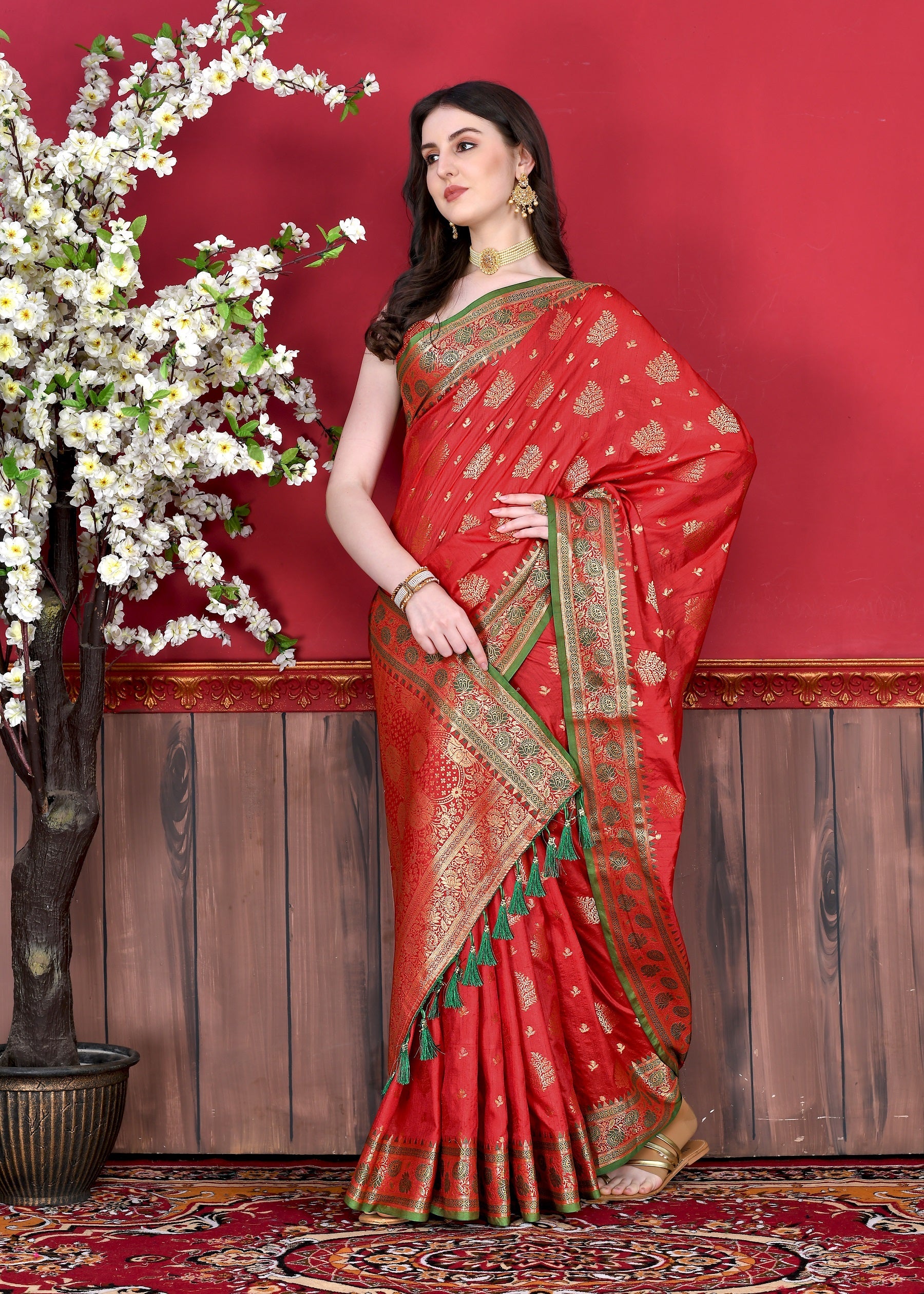 Vedant Vastram Soft Litchi Silk Kanjeevaram Saree - Red