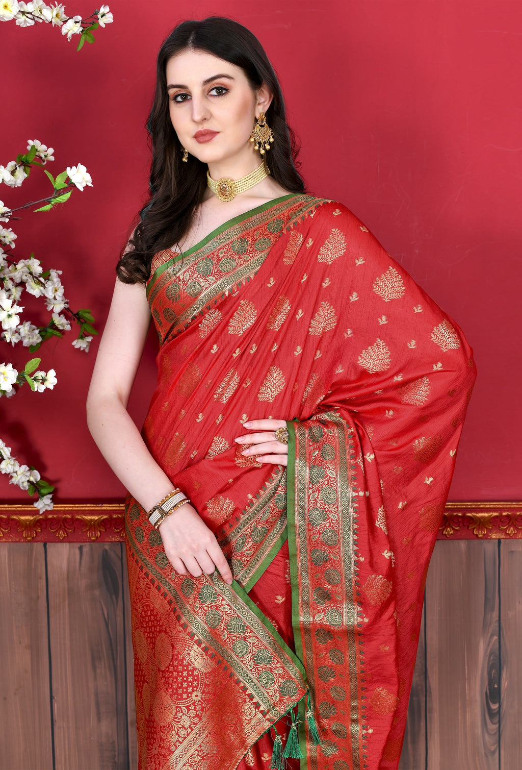 Vedant Vastram Soft Litchi Silk Kanjeevaram Saree - Red