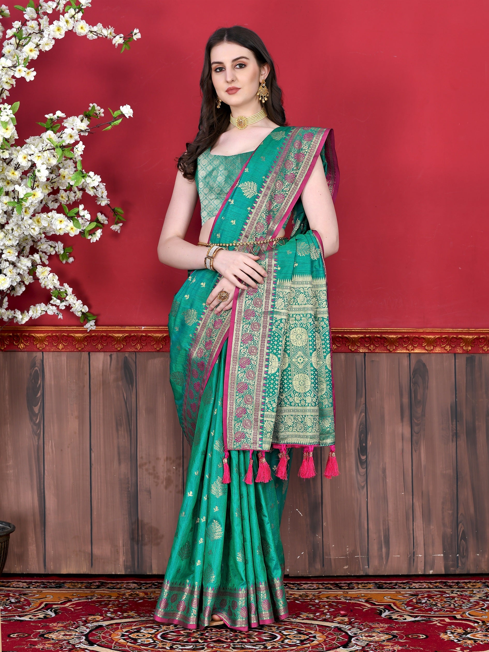 Vedant Vastram Soft Litchi Silk Kanjeevaram Saree - Seegreen