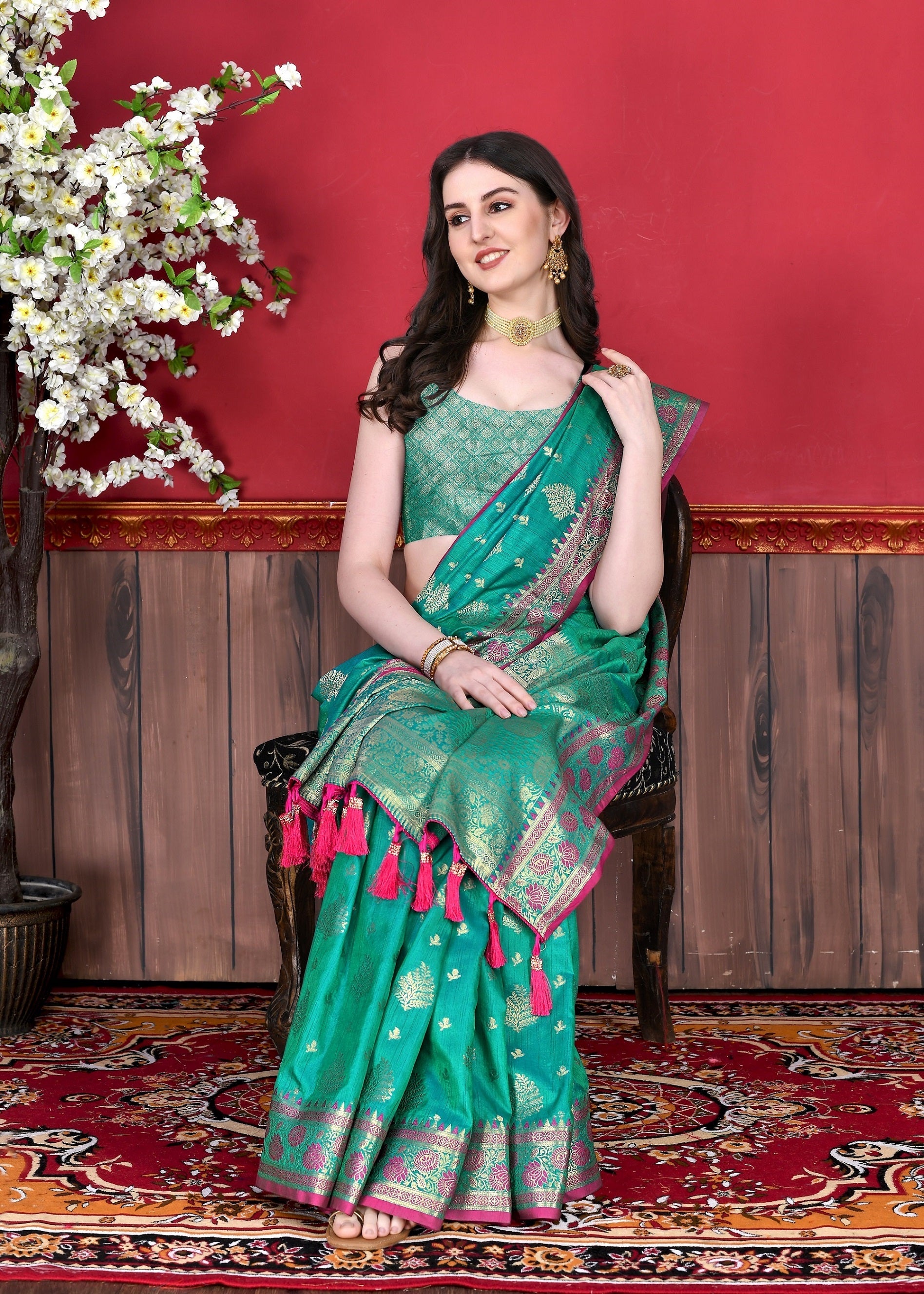 Vedant Vastram Soft Litchi Silk Kanjeevaram Saree - Seegreen