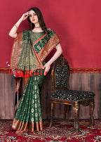 Vedant Vastram Soft Litchi Silk Kanjeevaram Saree - Bottle Green