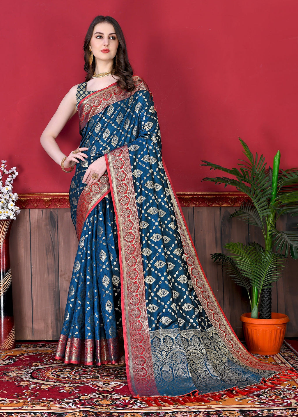 Vedant Vastram Soft Litchi Silk Kanjeevaram Saree - Navy