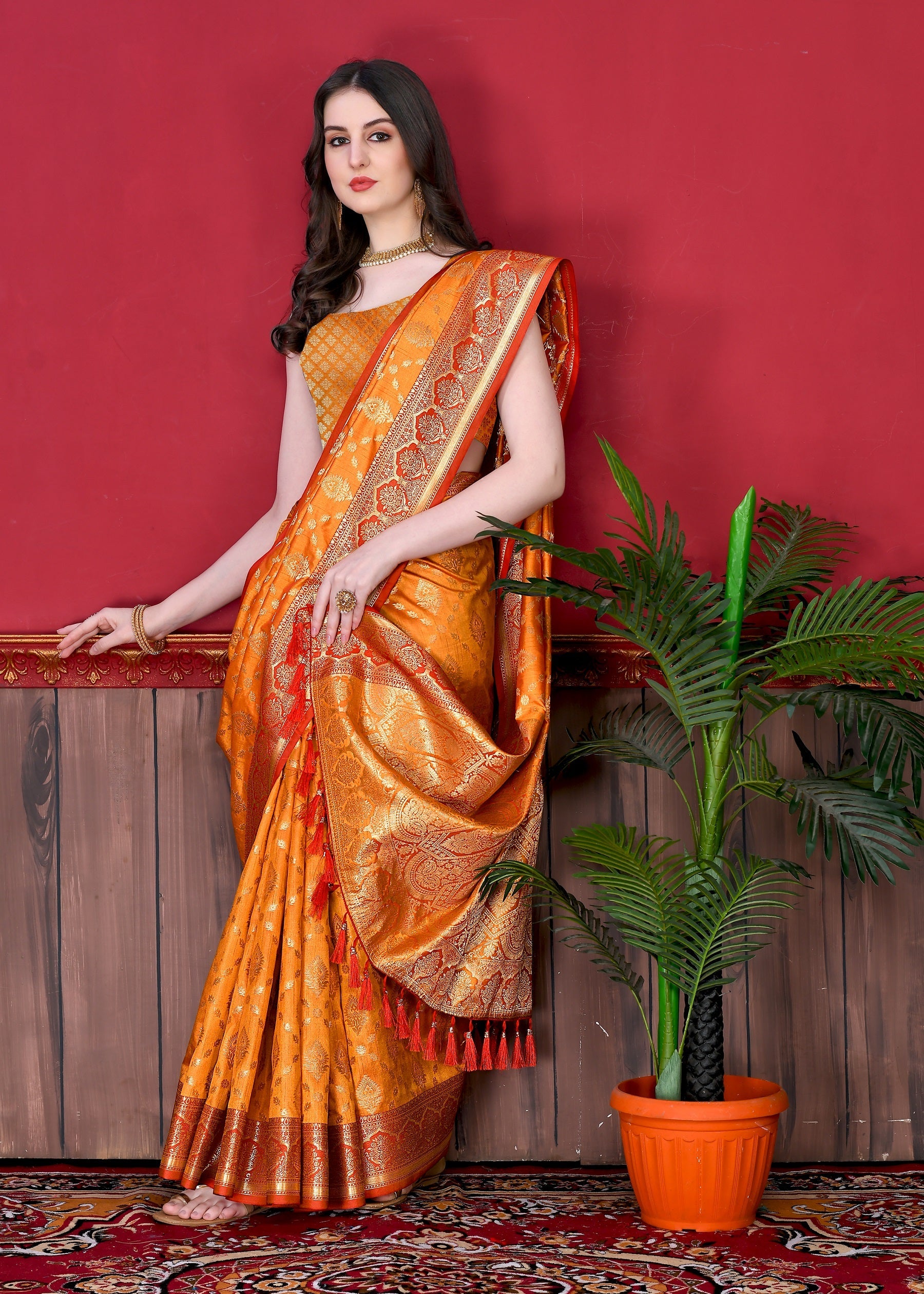 Vedant Vastram Soft Litchi Silk Kanjeevaram Saree - Orange