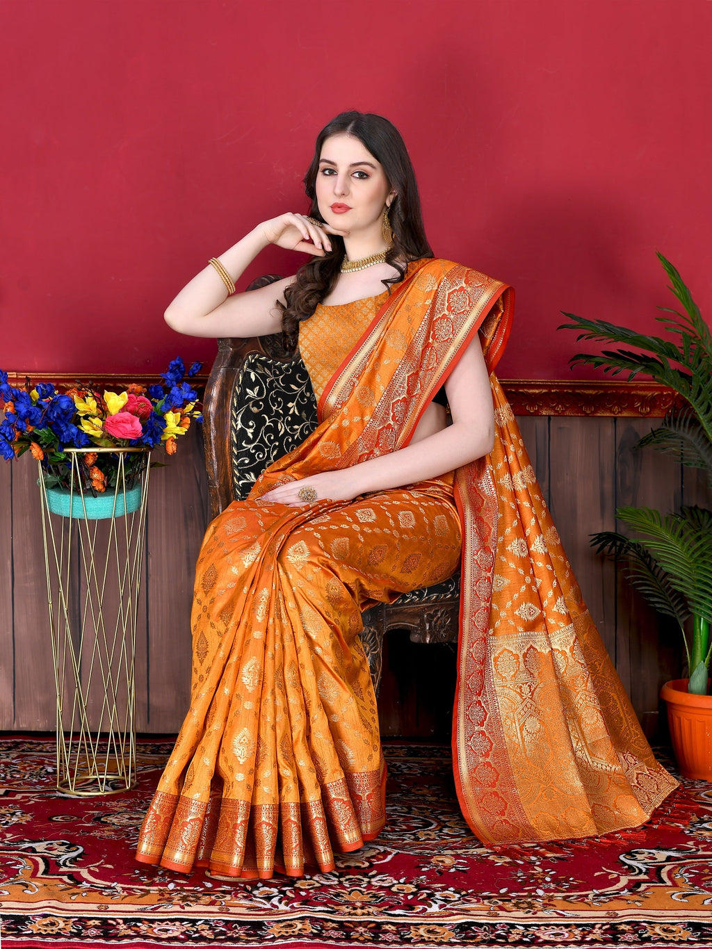 Vedant Vastram Soft Litchi Silk Kanjeevaram Saree - Orange