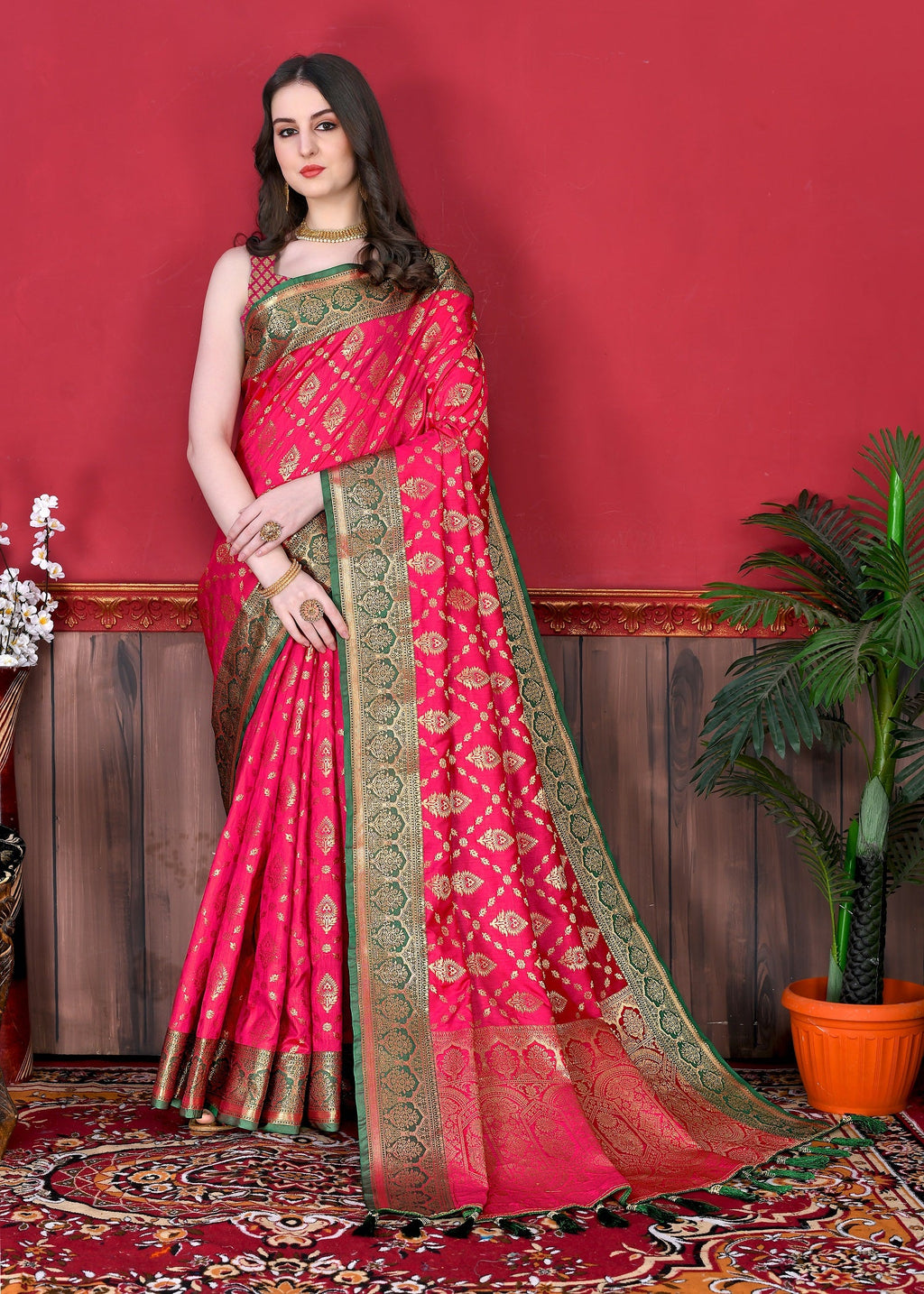 Vedant Vastram Soft Litchi Silk Kanjeevaram Saree - Pink