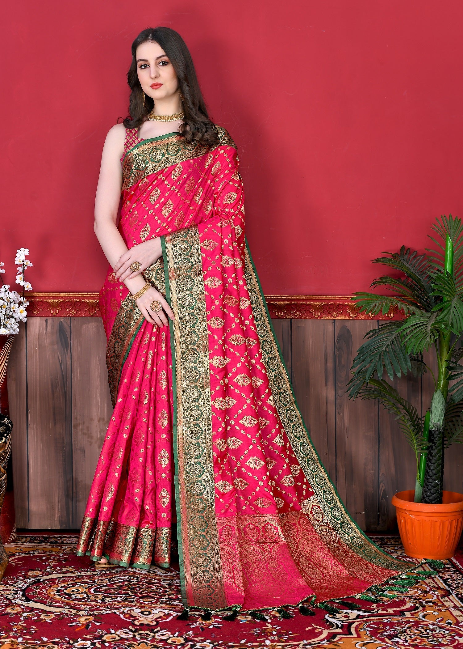Vedant Vastram Soft Litchi Silk Kanjeevaram Saree - Pink