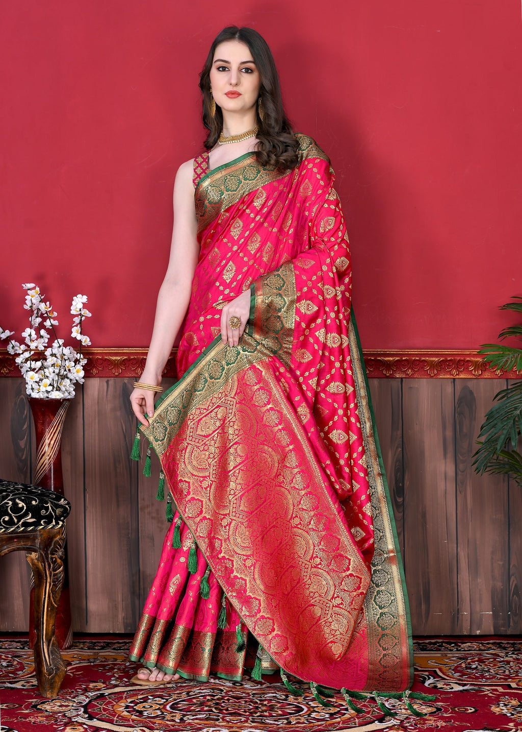 Vedant Vastram Soft Litchi Silk Kanjeevaram Saree - Pink