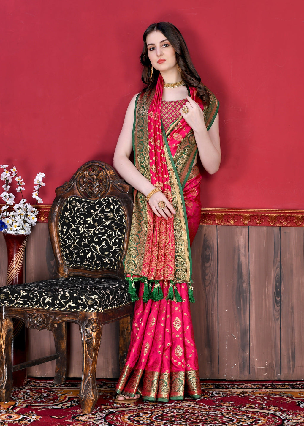 Vedant Vastram Soft Litchi Silk Kanjeevaram Saree - Pink