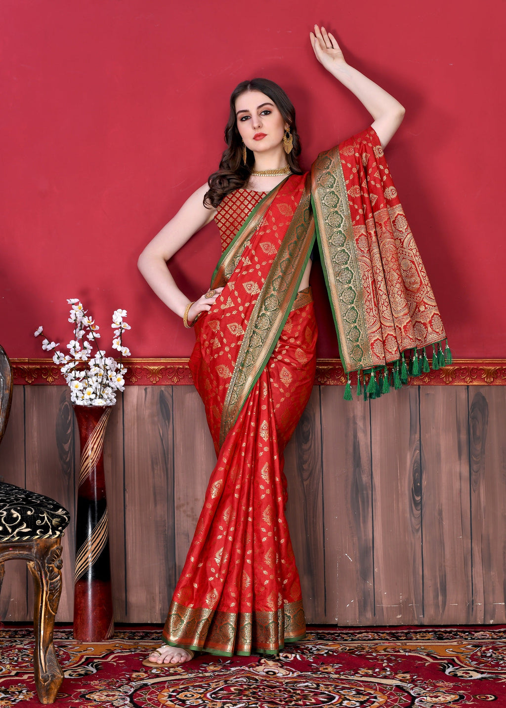 Vedant Vastram Soft Litchi Silk Kanjeevaram Saree - Red