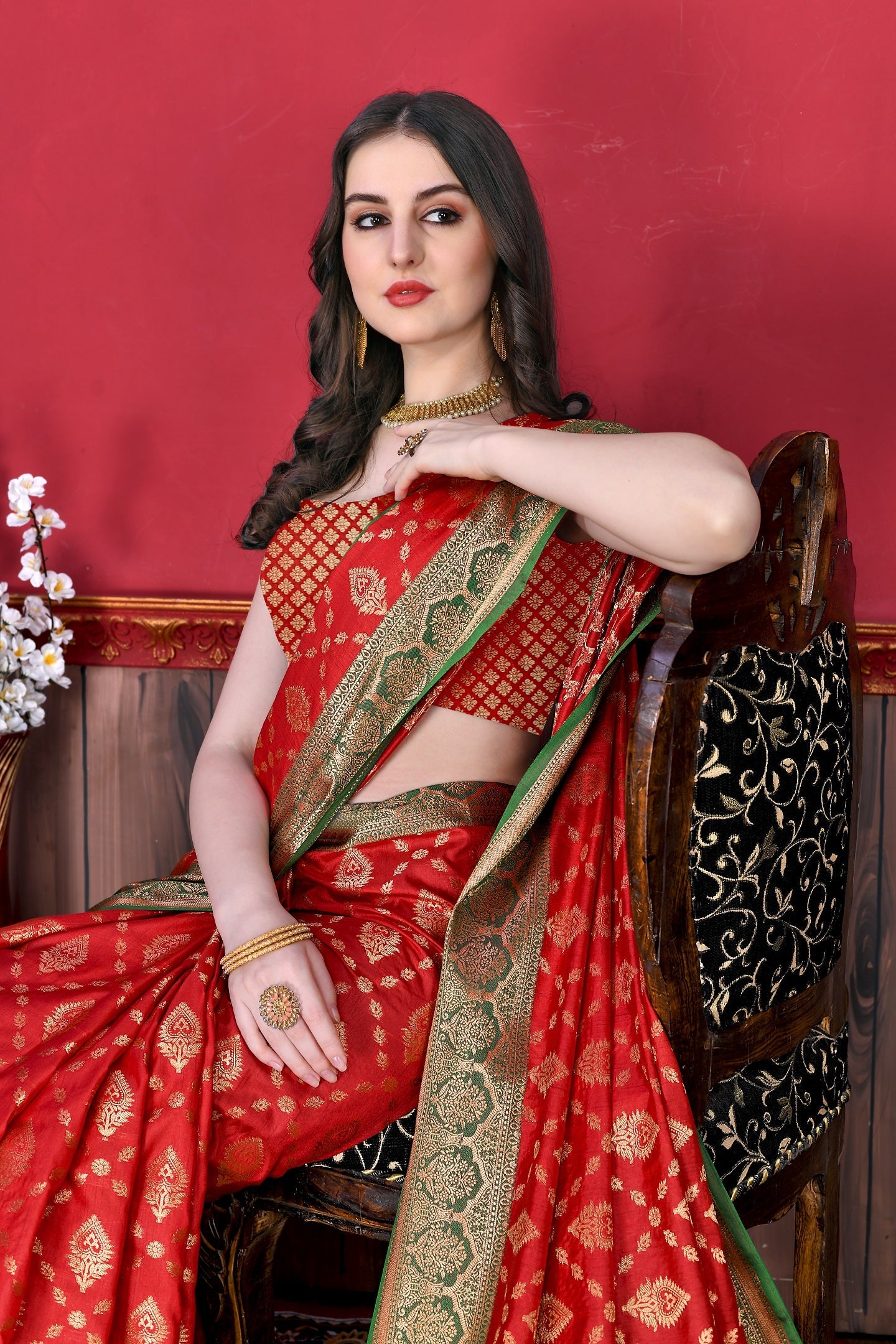 Vedant Vastram Soft Litchi Silk Kanjeevaram Saree - Red