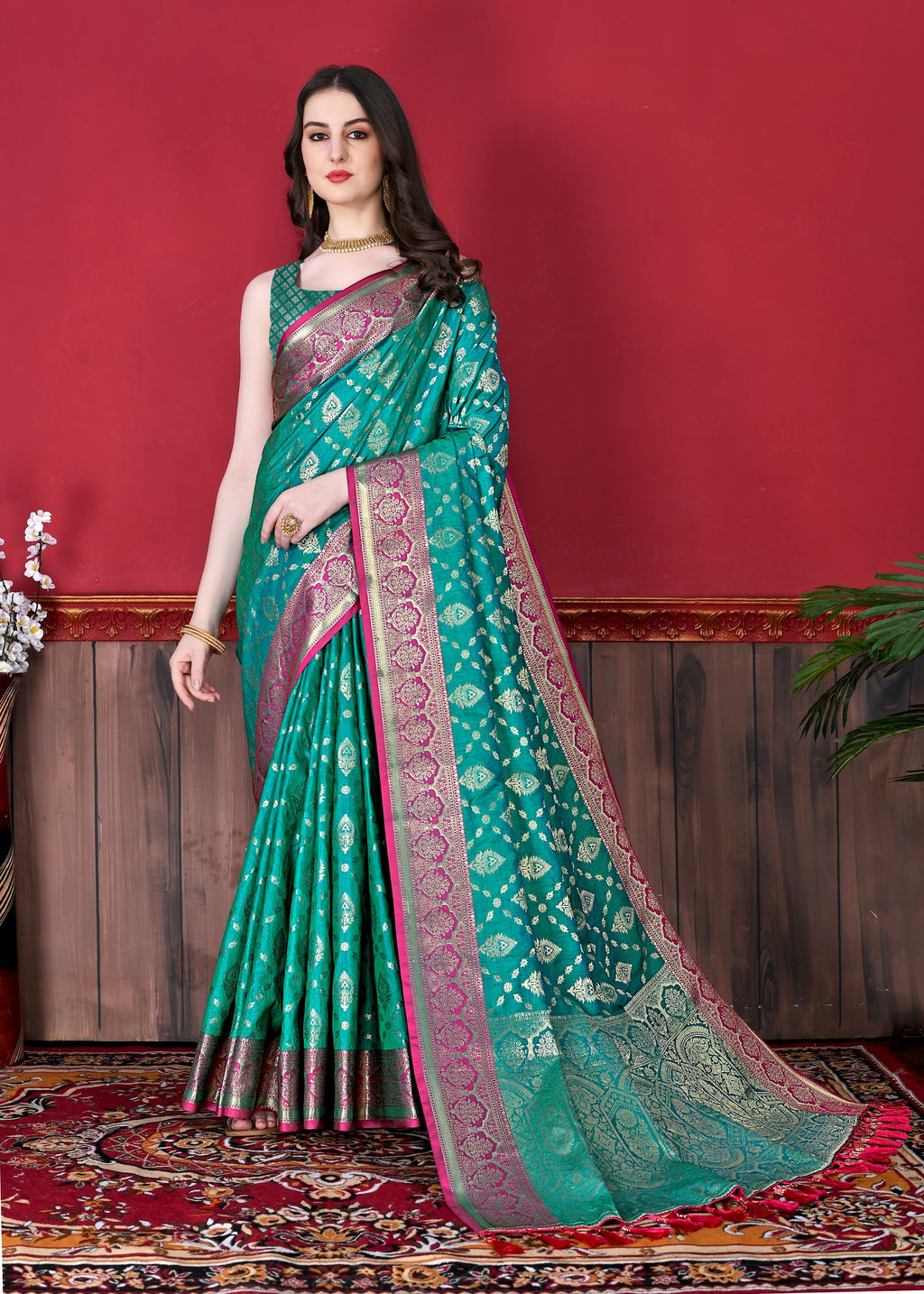 Vedant Vastram Soft Litchi Silk Kanjeevaram Saree - Seegreen