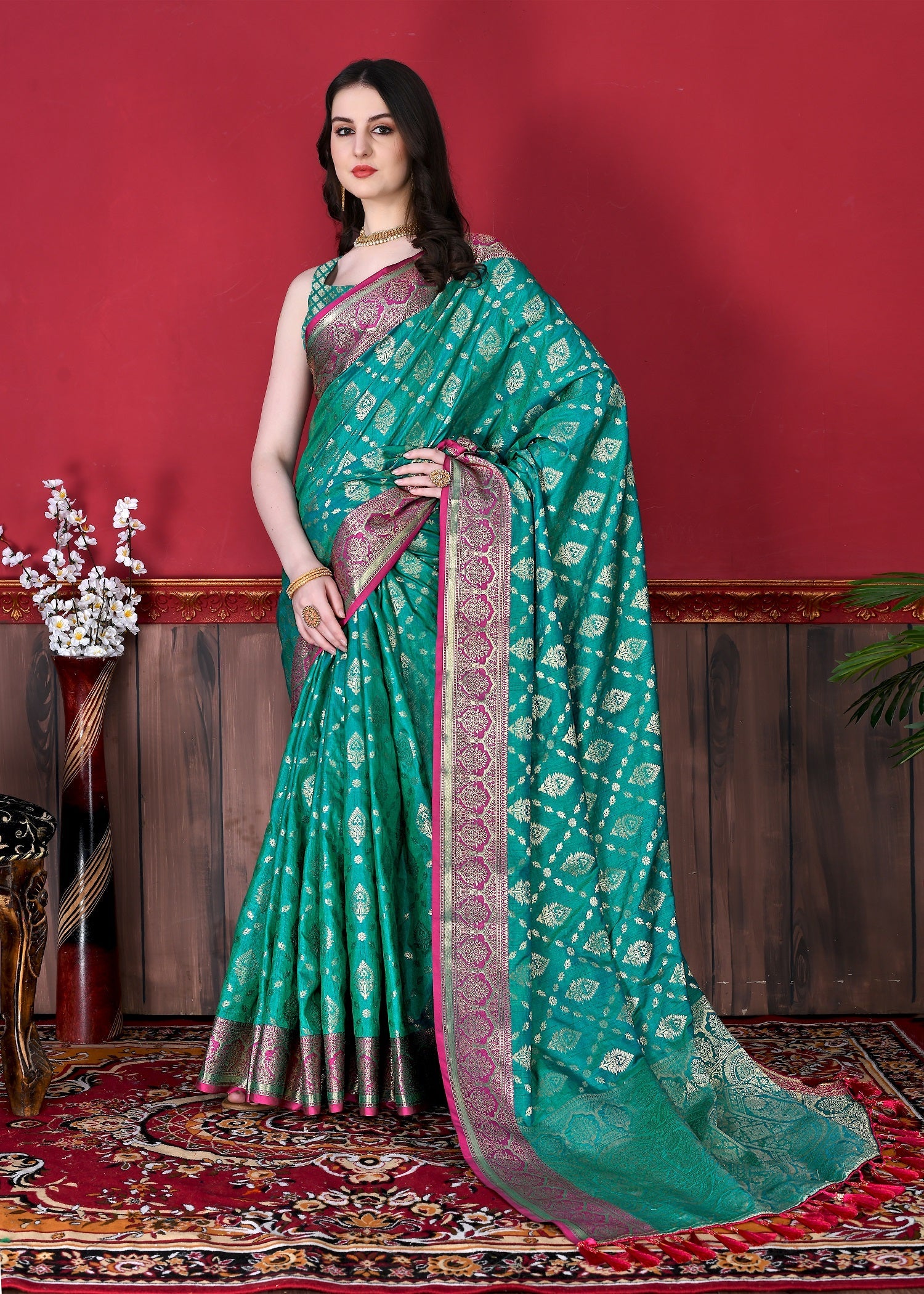 Vedant Vastram Soft Litchi Silk Kanjeevaram Saree - Seegreen