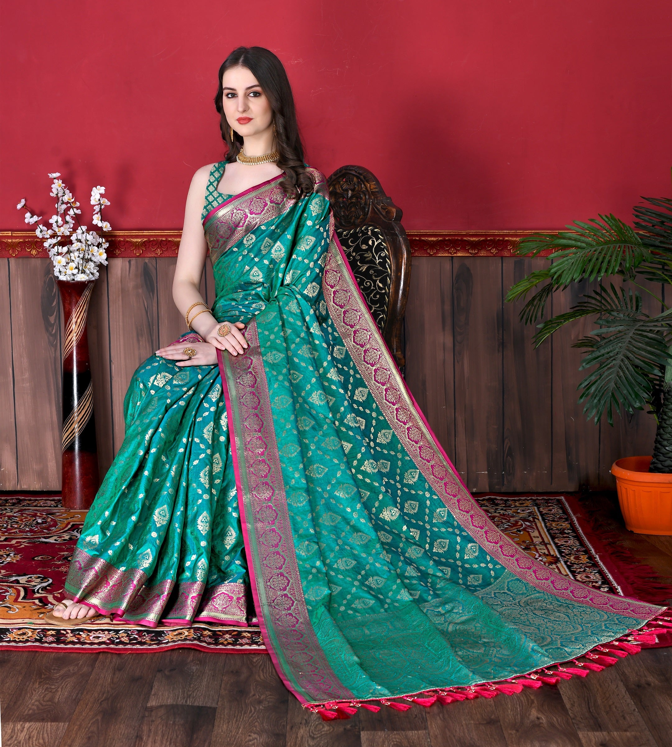 Vedant Vastram Soft Litchi Silk Kanjeevaram Saree - Seegreen