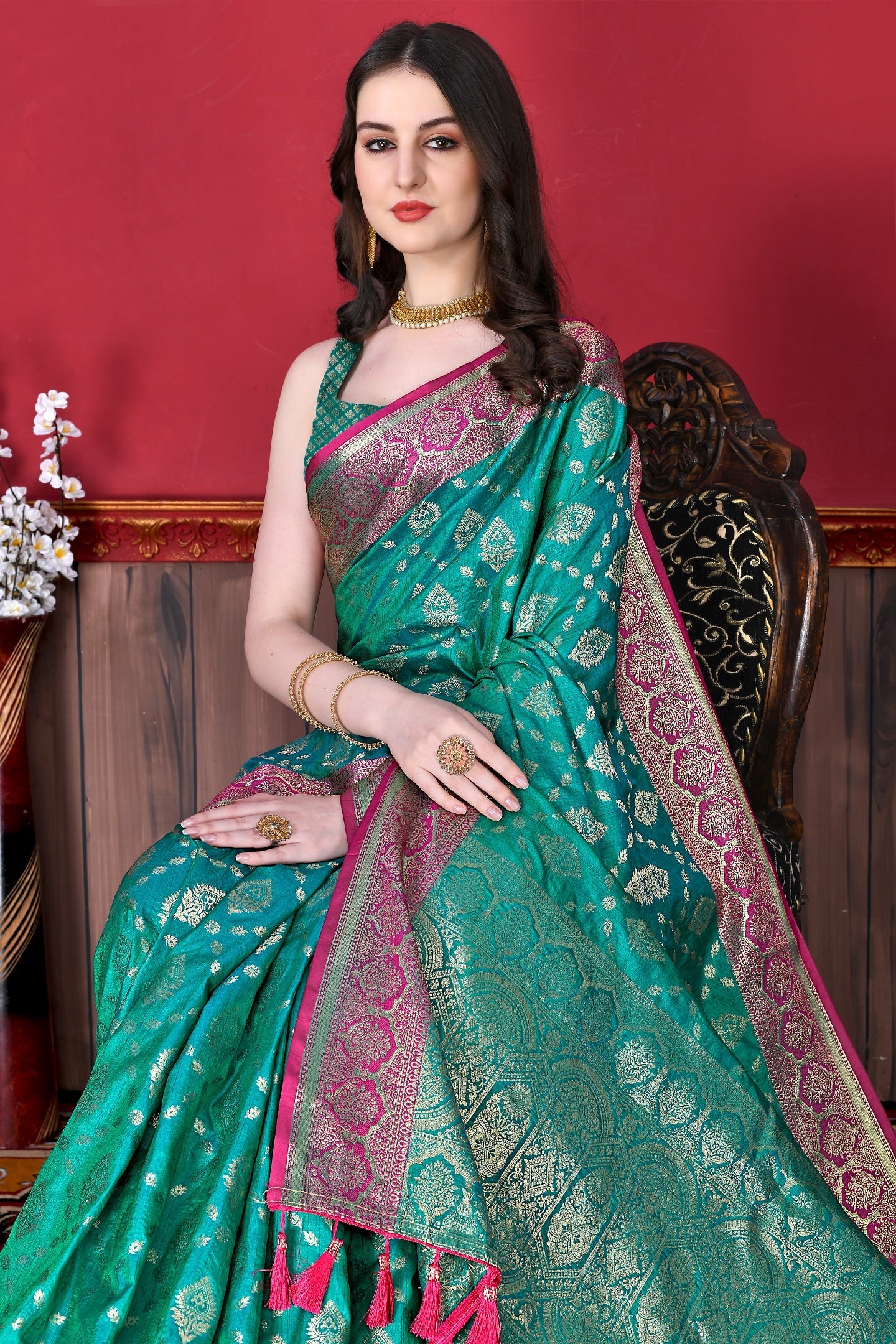 Vedant Vastram Soft Litchi Silk Kanjeevaram Saree - Seegreen