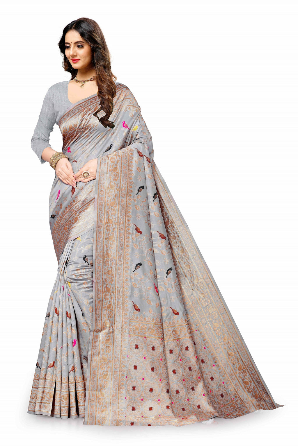 Vedant Vastram Soft Litchi Silk Kanjeevaram Saree - Grey