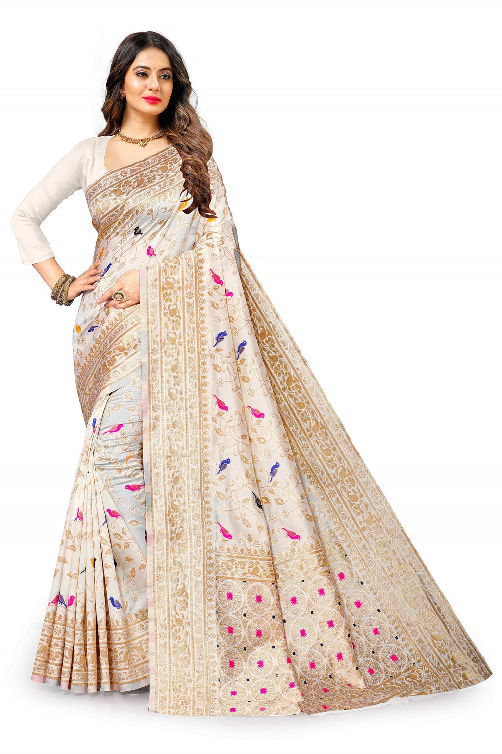 Vedant Vastram Soft Litchi Silk Kanjeevaram Saree - White