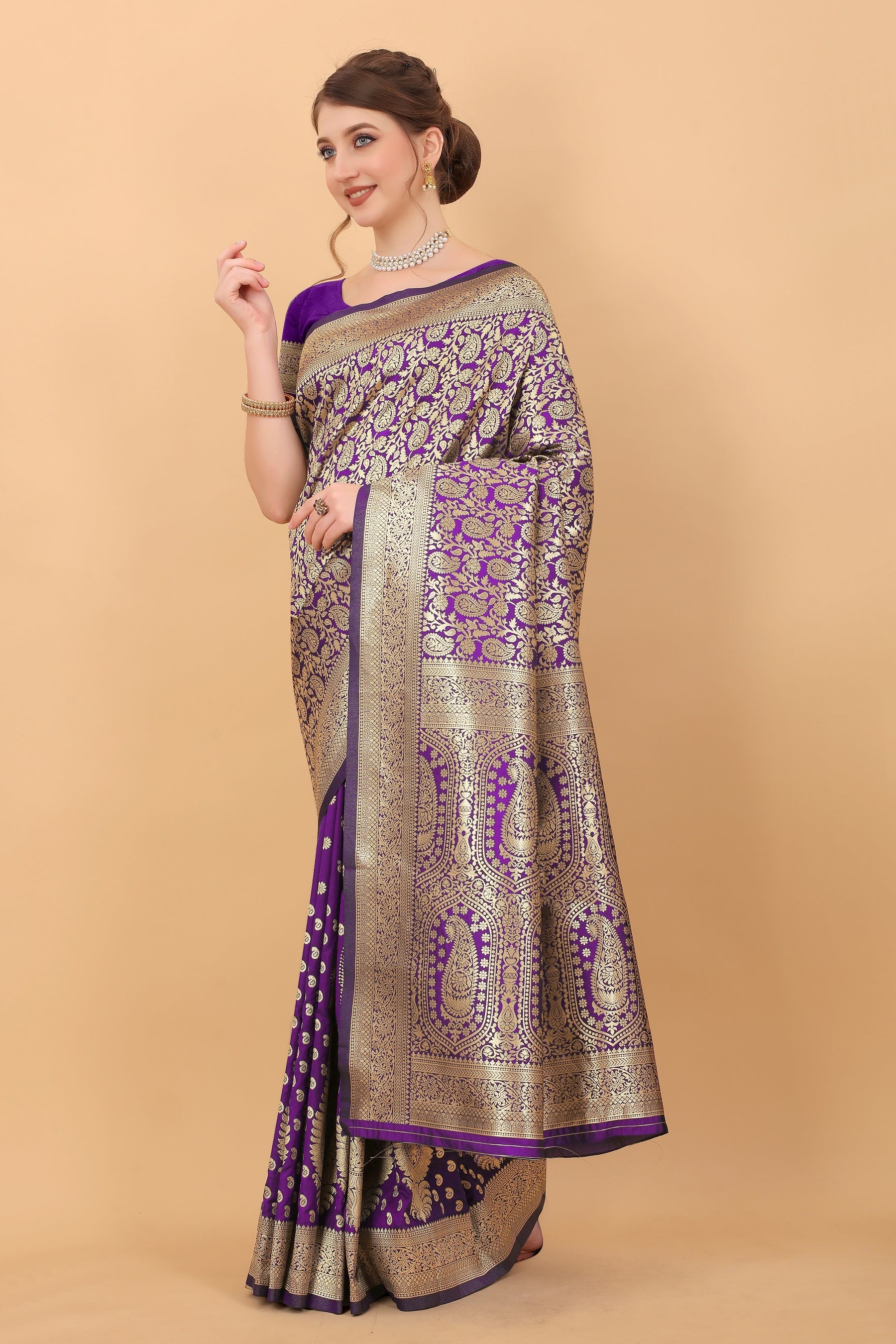 Vedant Vastram Soft Litchi Silk Kanjeevaram Saree - Violet