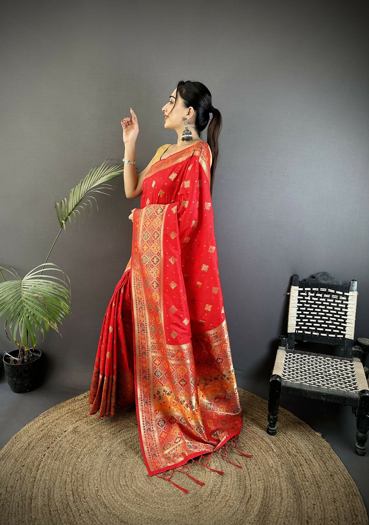 Joban Fashion Carmine Red Geometric Pattern Soft Silk Patola Saree - Distacart