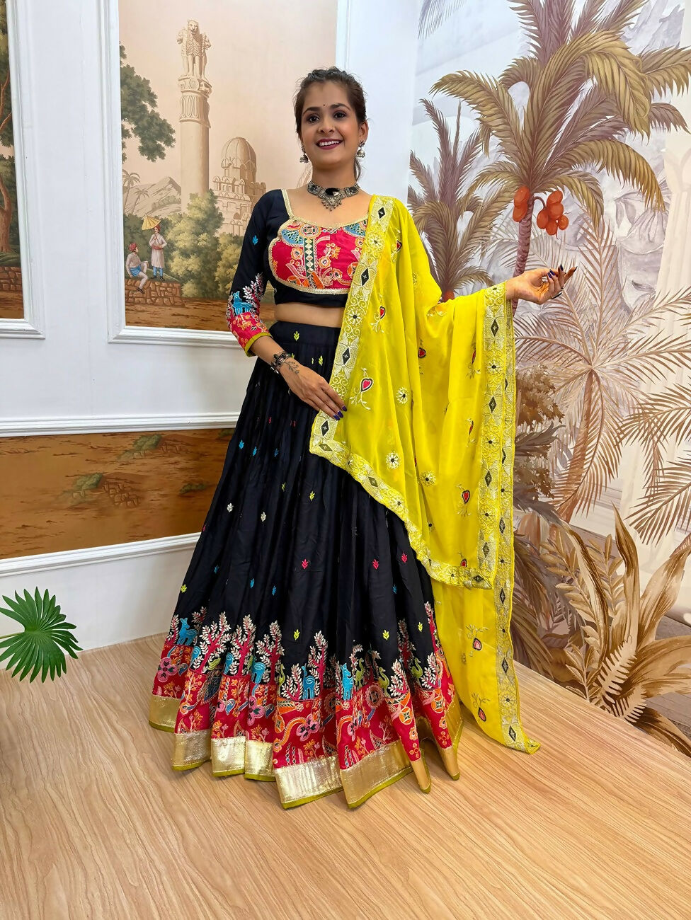 Teeya Creation Dark Blue Colour Rayon Silk Embroidery Work Fully Stitched Navratri Lehenga