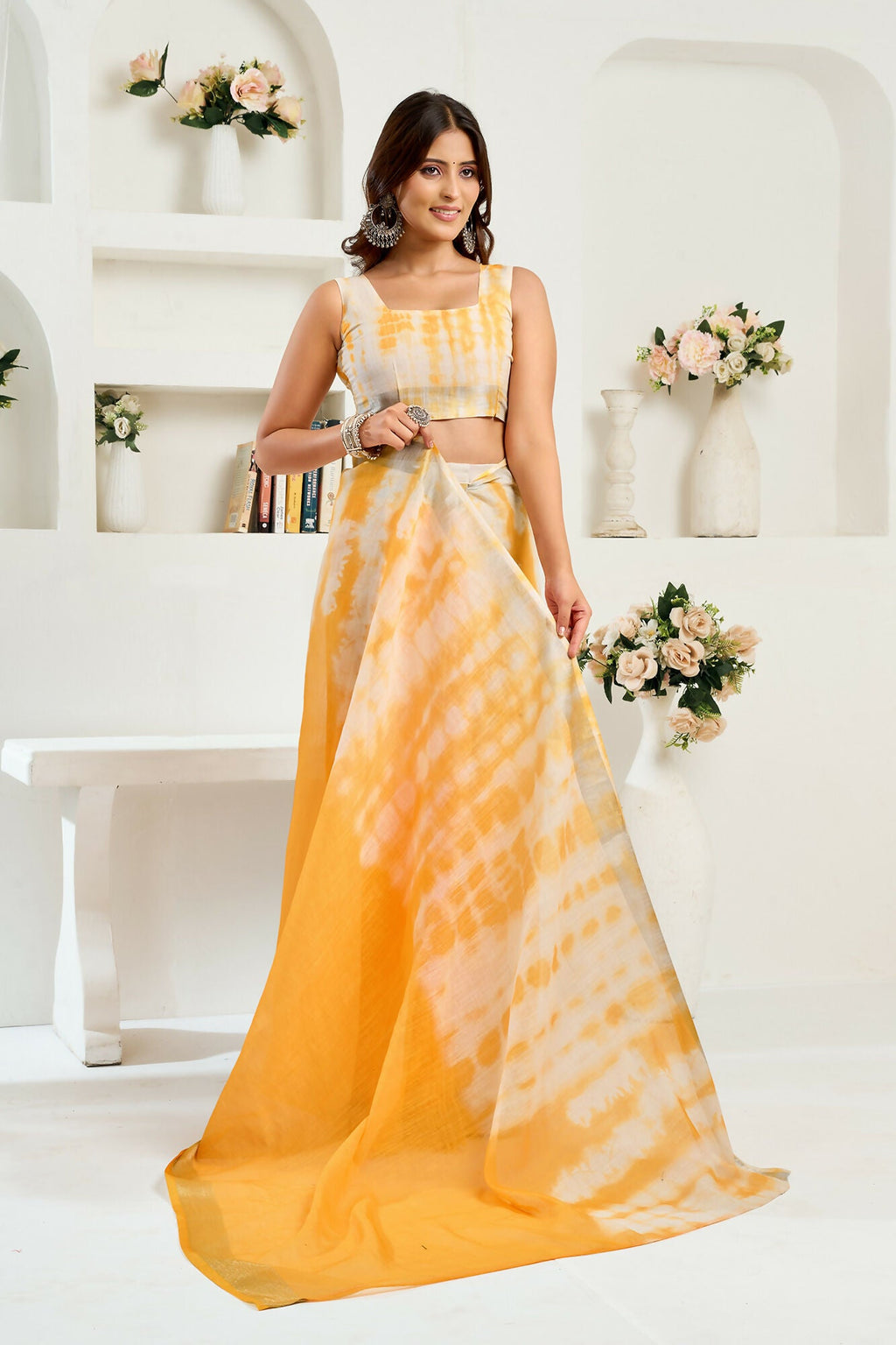 Vastranavya Yellow White Digital Printed Linen Ready To Wear Designer Saree with Unstitched Blouse - Distacart