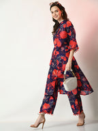Myshka Women's Navy Blue Printed Kurta With Palazzos
