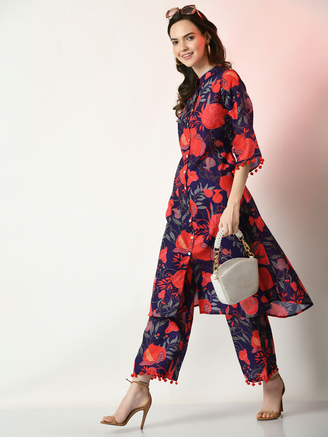 Myshka Women's Navy Blue Printed Kurta With Palazzos