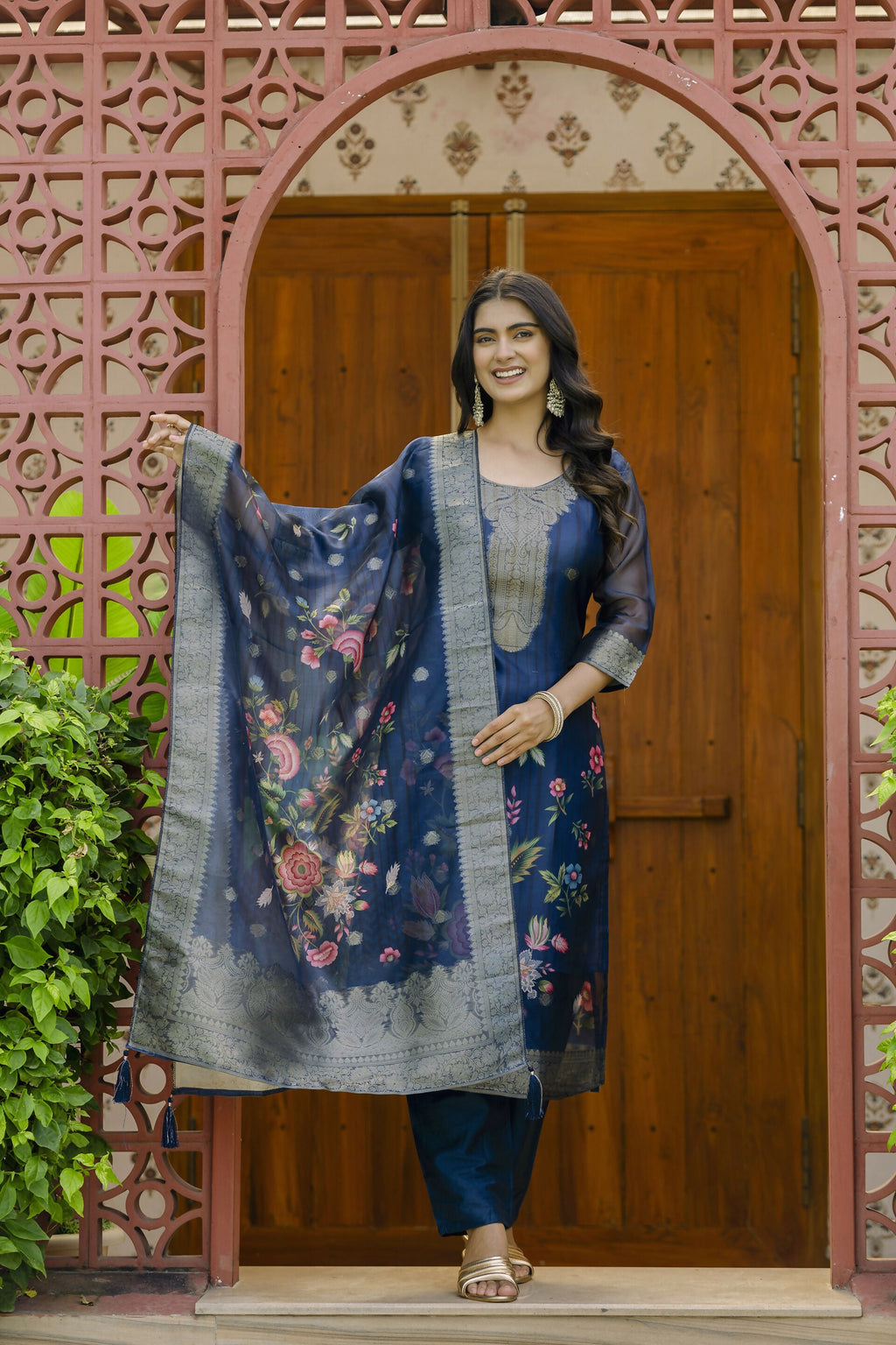 The52 Women's Beautiful Printed Work Jacquard Organza Fabric Straight Kurta Pant and Dupatta Set - Distacart