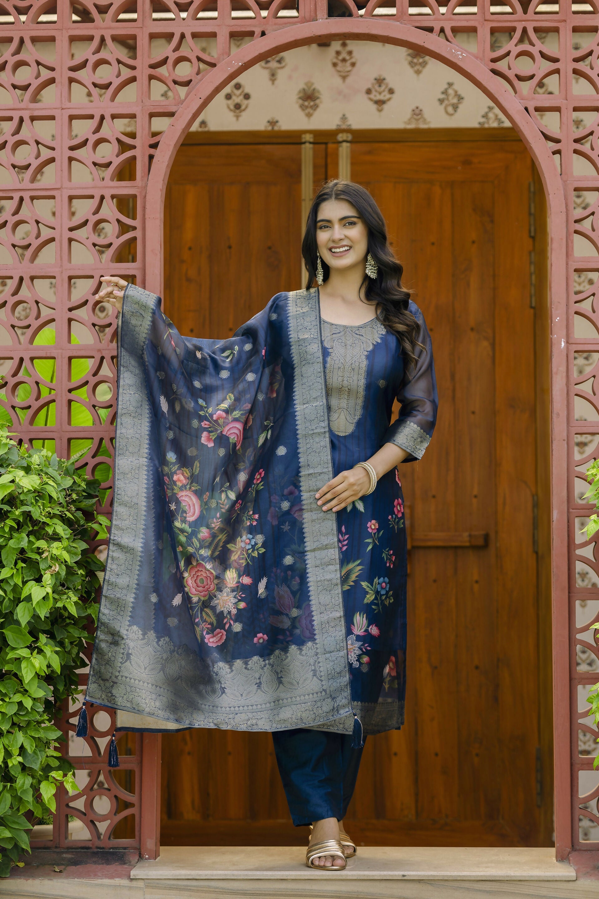 The52 Women's Beautiful Printed Work Jacquard Organza Fabric Straight Kurta Pant and Dupatta Set - Distacart
