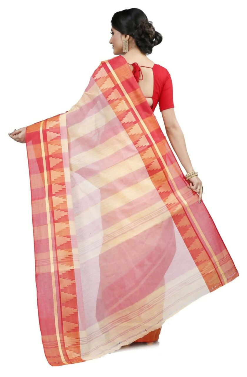 Exclusive Collection White Red 100% Pure Cotton Tant Saree - Distacart