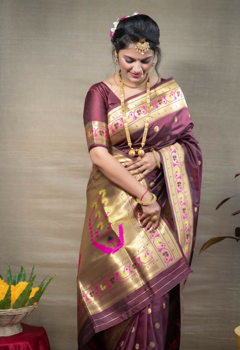 Jyoti Fashion Women's Brown Paithani Silk Zari Woven Saree with Blouse - Distacart