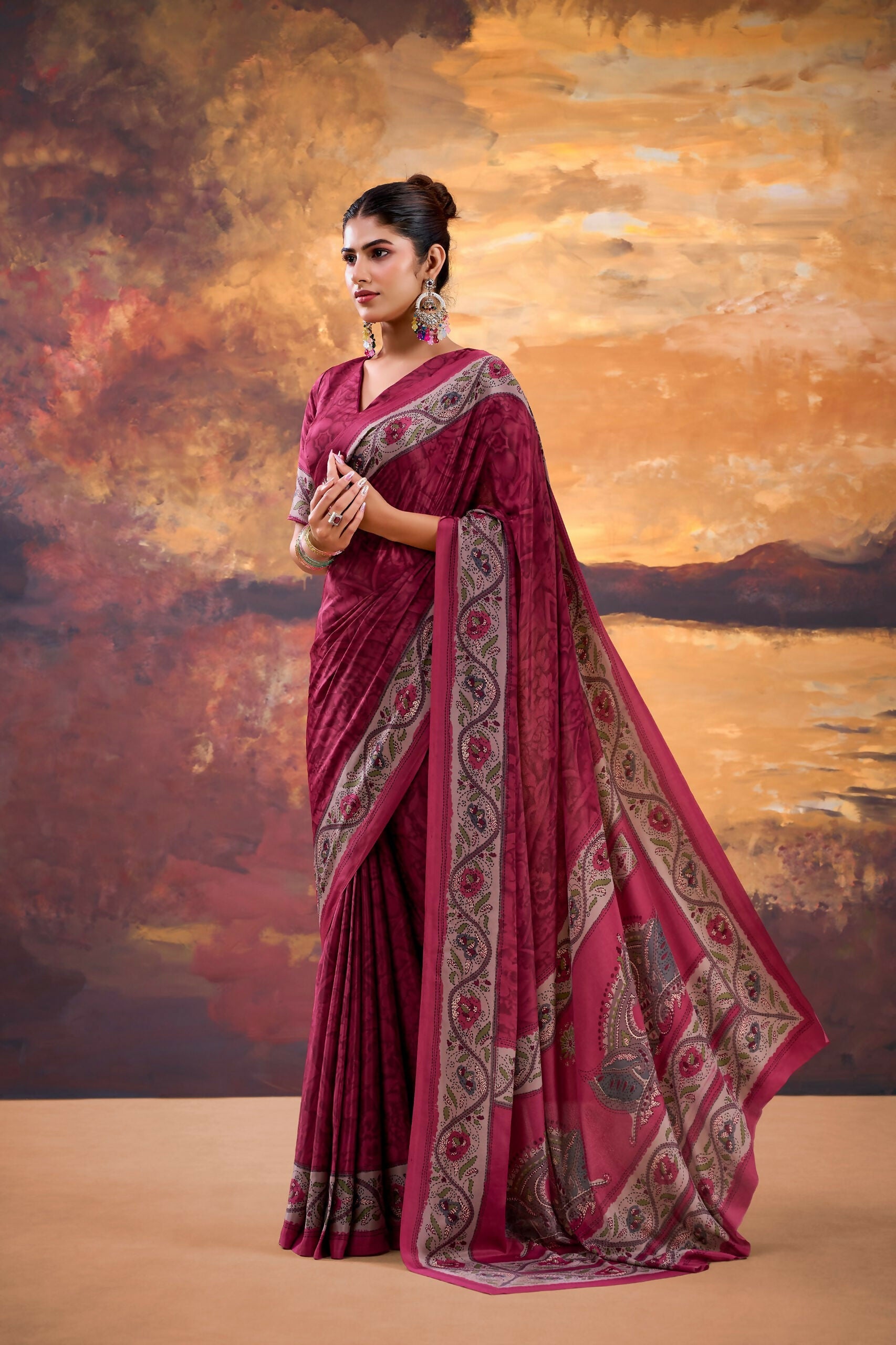 Vastranavya Pink Crepe Printed Saree with Unstitched Blouse - Distacart