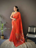 Joban Fashion Orange Jacquard Butti Soft Lichi Silk Paithani Saree - Distacart