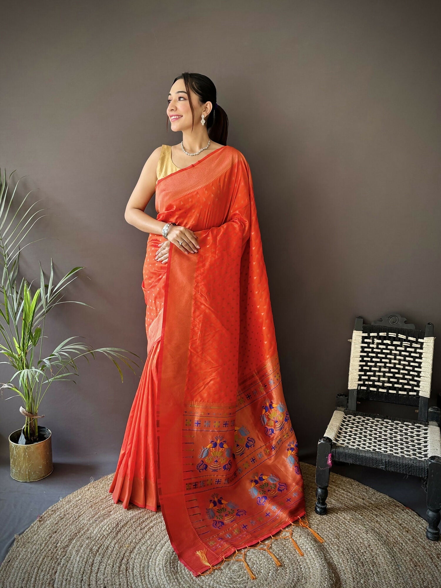 Joban Fashion Orange Jacquard Butti Soft Lichi Silk Paithani Saree - Distacart